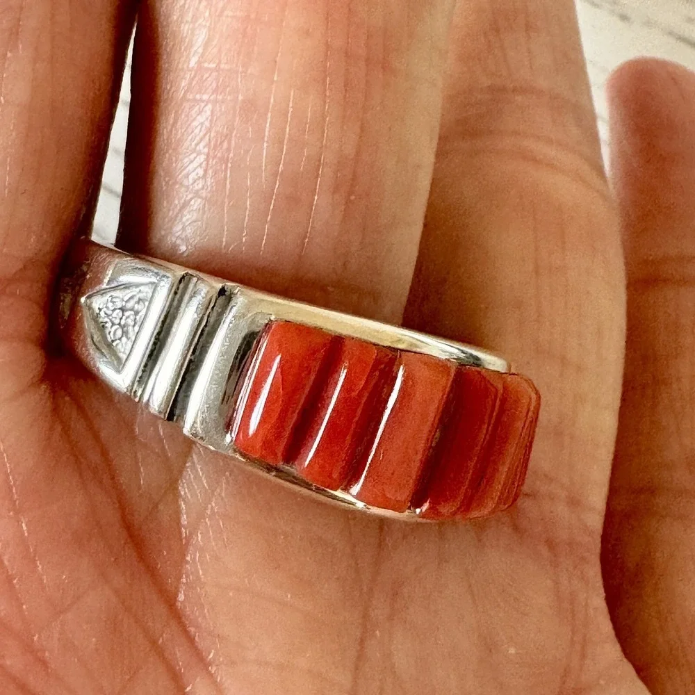 Navajo Red Coral Wedding‎ Band Sz 12.5 Mens Ring 10mm Corn Inlay Signed Rick T